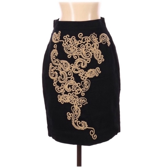 Floreat Black Paisley Paths Embroidered Pencil Skirt Baroque Folk Scroll SZ 4 - Picture 3 of 13
